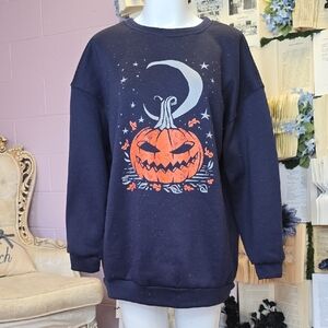 Oversized Drop-shoulder Lack-O-Lantern Graphic Sweatshirt Chicyea MED Navy Blue